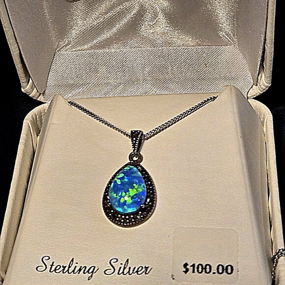 NWT Genuine Marcasite/Sterling Silver/simulated Blue Opal Necklace / Earring Set - Picture 2 of 5
